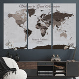 43749658-MGV-CV-36X24-Welcome to Great Adventure World Map Wall Art – Charcoal Gray Canvas Print, Rustic Travel Decor for Living Room, Study, Office or