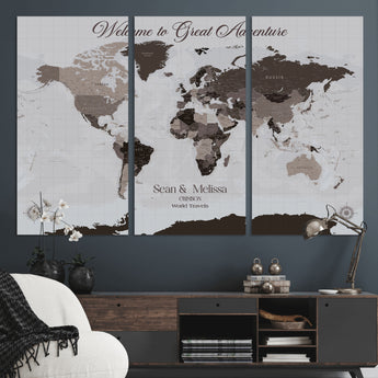 43749658-MGV-CV-36X24-Welcome to Great Adventure World Map Wall Art – Charcoal Gray Canvas Print, Rustic Travel Decor for Living Room, Study, Office or