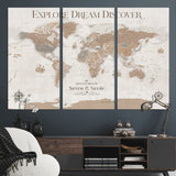 63516865-MGV-CV-36X24-Explore Dream Discover World Map Wall Art – Inspirational Travel Adventure Canvas Print, Neutral Parchment Style Explorer Decor