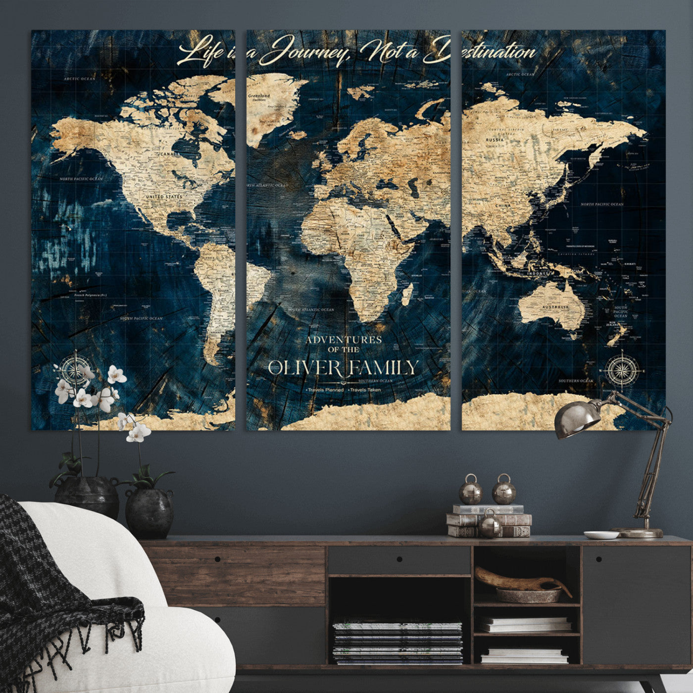 36970886-MGV-CV-36X24-Life is a Journey Not a Destination World Map Rustic Navy Beige Vintage Travel Wall Art Adventure Quote Canvas Print for Home