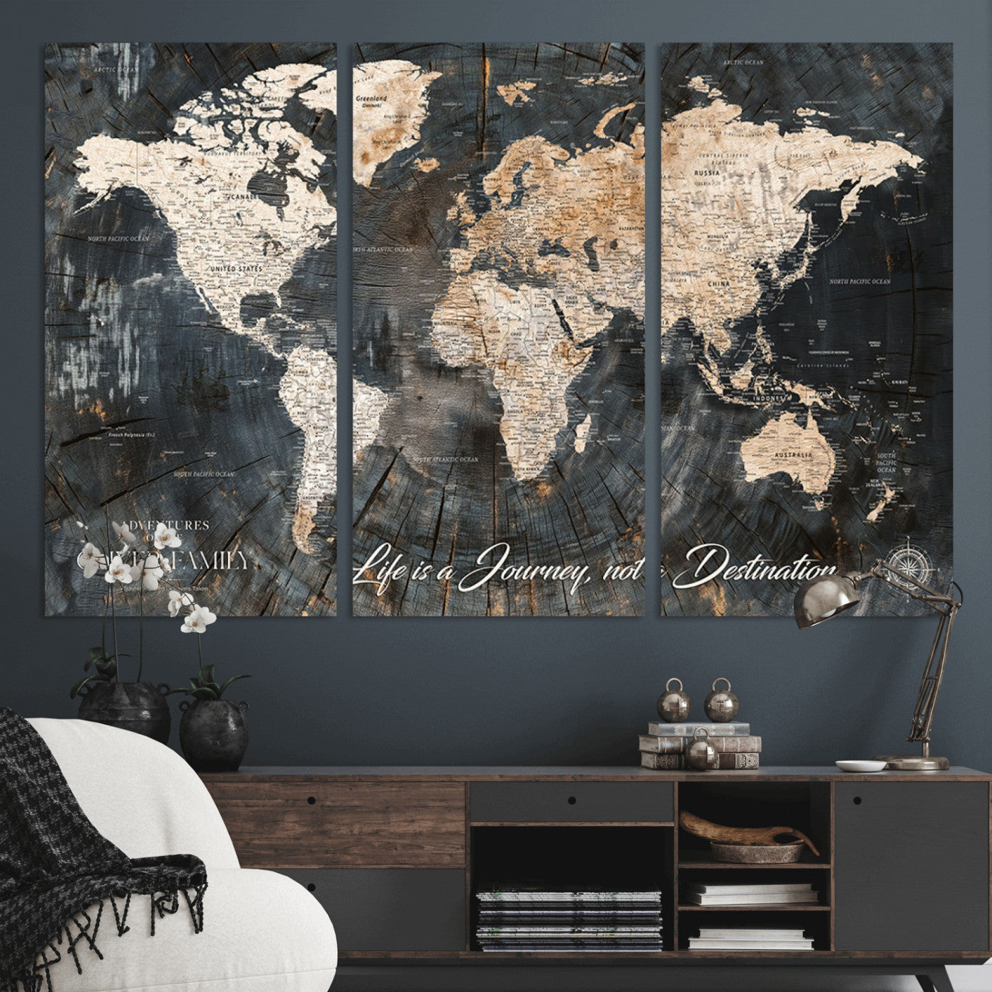 37848568-MGV-CV-36X24-Life is a Journey Not a Destination World Map Rustic Wood Texture Vintage Beige Navy Adventure Wall Art Canvas Print for Home