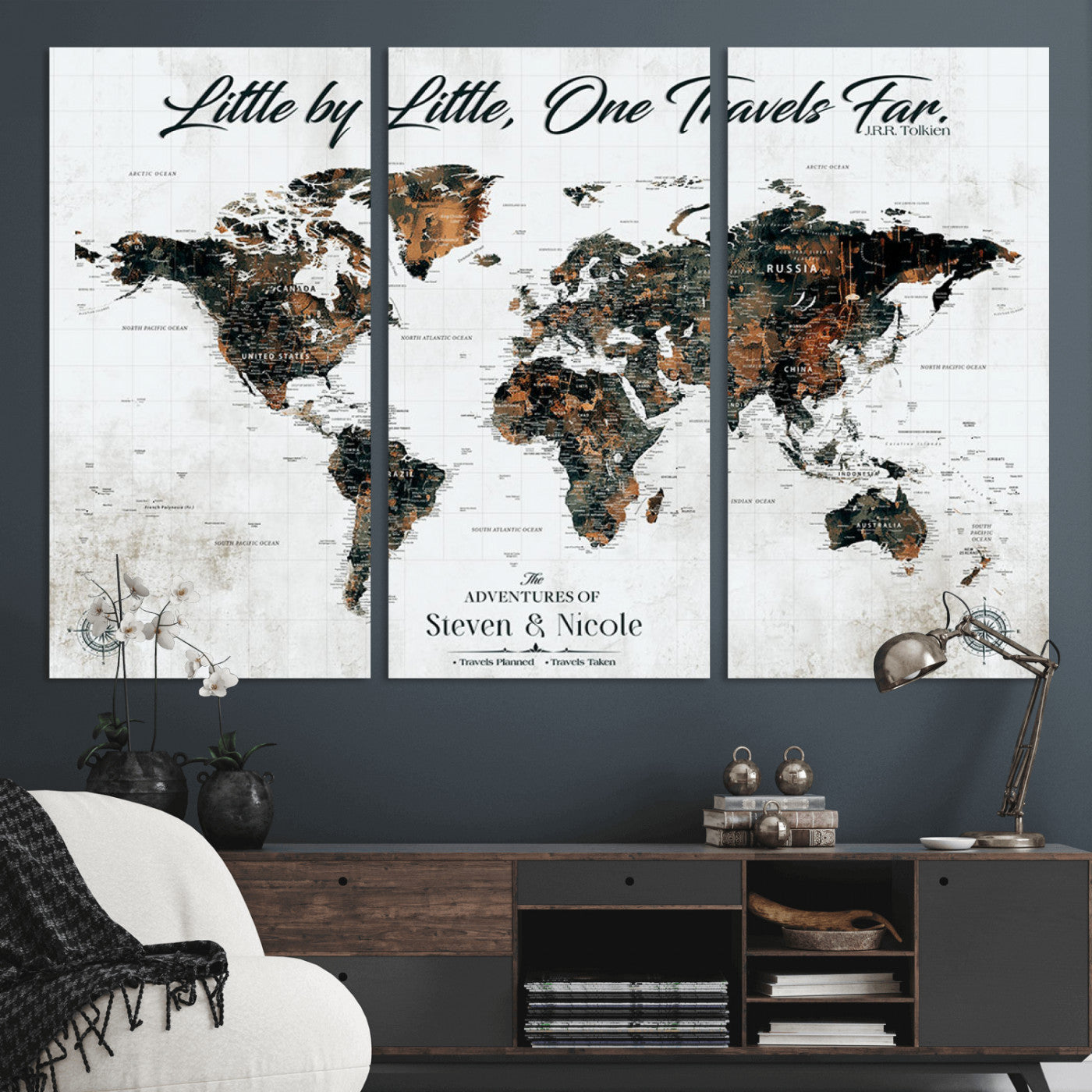 88337180-MGV-CV-36X24-Little by Little One Travels Far Tolkien Quote World Map Rustic Black Brown Adventure Wall Art Canvas Print for Home Office Living