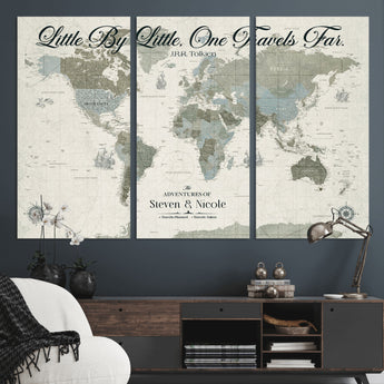 10693204-MGV-CV-36X24-Little By Little One Travels Far Tolkien Quote Blue Green World Map Adventure Wall Art Canvas Print Rustic Wanderlust Travel Decor