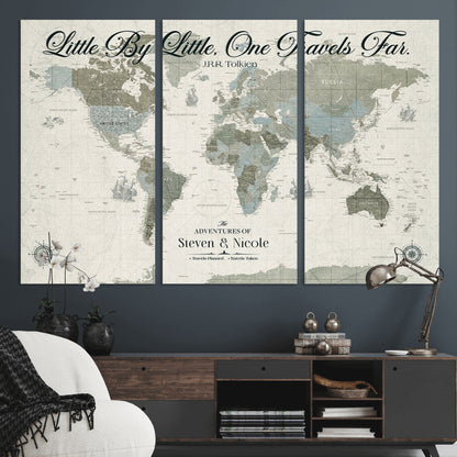 10693204-MGV-CV-36X24-Little By Little One Travels Far Tolkien Quote Blue Green World Map Adventure Wall Art Canvas Print Rustic Wanderlust Travel Decor