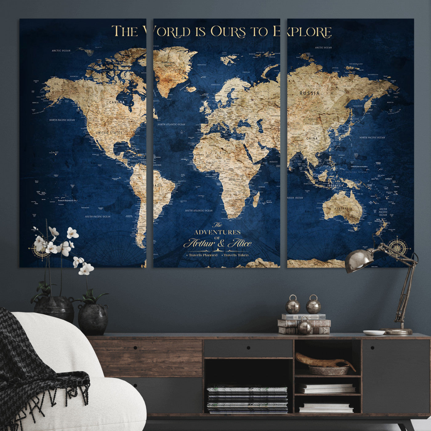 54782997-MGV-CV-36X24-The World is Ours to Explore Wall Art – Blue World Map Canvas Print, Adventure Travel Decor for Home, Office or Living Room,