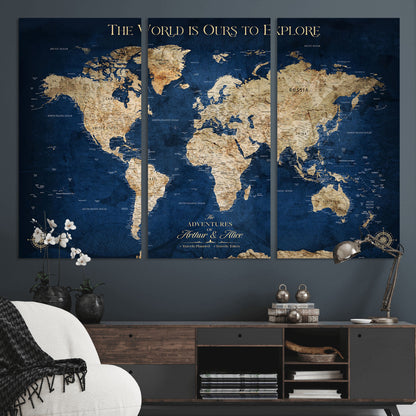 54782997-MGV-CV-36X24-The World is Ours to Explore Wall Art – Blue World Map Canvas Print, Adventure Travel Decor for Home, Office or Living Room,