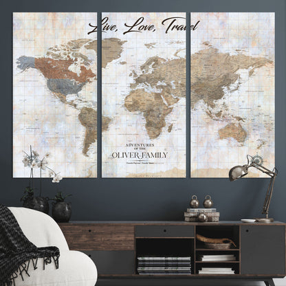 43924907-MGV-CV-36X24-Live Love Travel Wall Art – Neutral World Map Canvas Print, Rustic Adventure Decor for Home, Office or Living Room, Unique Gift