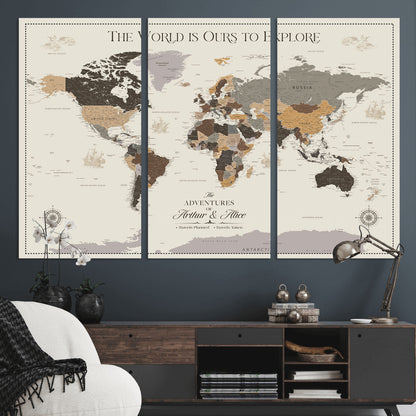 90024882-MGV-CV-36X24-The World is Ours to Explore Wall Art – Earth Tone World Map Canvas Print, Adventure Travel Decor for Living Room, Office or