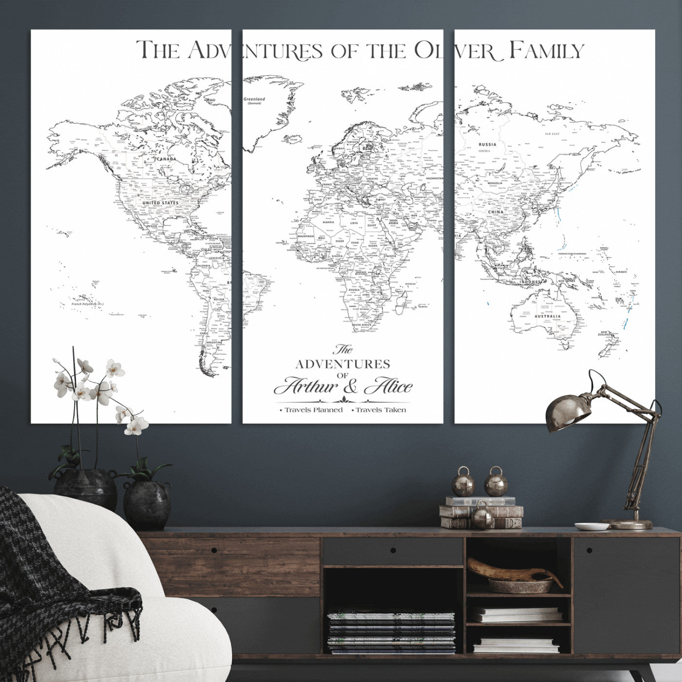 21029247-MGV-CV-36X24-Minimalist World Map Wall Art – Black and White Travel Adventure Print, Modern Family Travel Map Decor for Living Room, Bedroom,