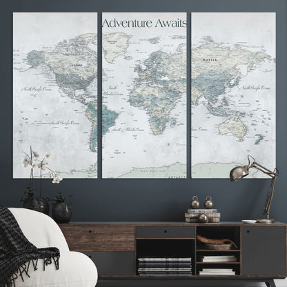 TEST111-MGV-CV-36X24-Personalized Adventure Awaits Push Pin World Map – Custom Framed Travel Tracker Canvas Wall Art for Home, Office