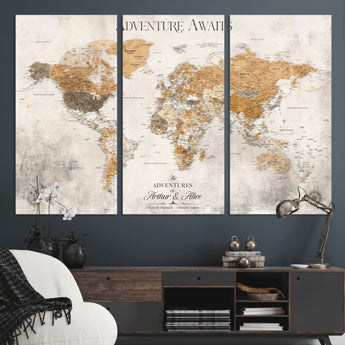 99422096-MGV-CV-36X24-Adventure Awaits World Map Wall Art – Neutral Beige Canvas Print, Modern Travel Inspired Wall Decor for Living Room, Bedroom or