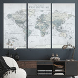 94249974-MGV-CV-36X24-Ours Explore World Map Wall Art – Modern Travel Canvas Print, Neutral Adventure Decor for Living Room, Office, Study, Bedroom,