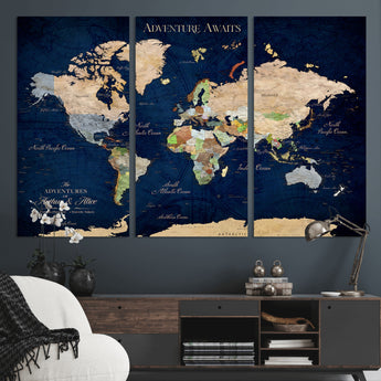 43160428-MGV-CV-36X24-Adventure Awaits Navy Blue World Map – Vibrant Travel Canvas Wall Art, Antique Atlas Print, Wanderlust Decor for Home Office