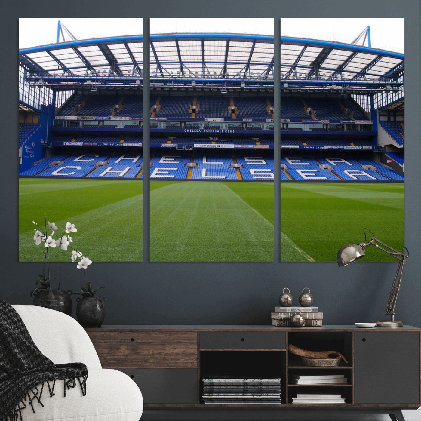 38616413CHELSA-MGV-CV-36X24-Chelsea Stadium Wall Art – Panoramic Football Field Canvas Print, Game Day Sports Decor for Living Room, Office, or Man Cave