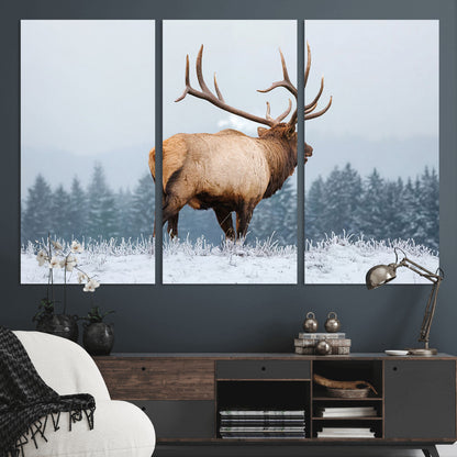 85177251-MGV-CV-36X24-Elk Wall Art – Majestic Wildlife Canvas Print of Bull Elk Snowy Forest, Rustic Nature Decor for Living Room, Cabin, or Office