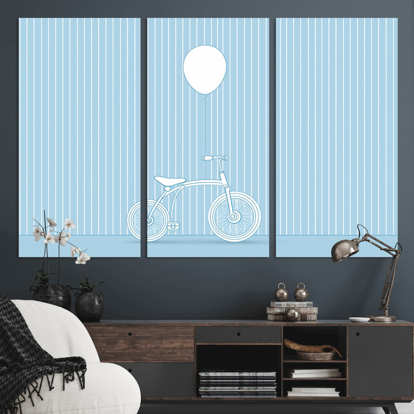 56479838-MGV-CV-36X24-Bicycle Wall Art – Minimalist Blue Canvas Print with Balloon Illustration, Modern Decor Artwork for Kids Room, Nursery, or Living