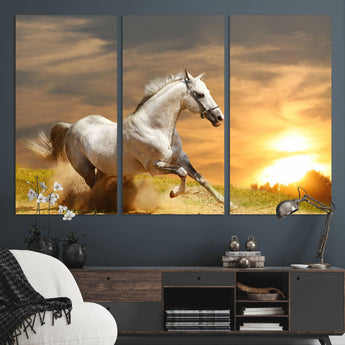 44295212-MGV-CV-36X24-Horse Wall Art – Running White Stallion Canvas Print with Sunset Background, Western Wildlife Decor for Living Room, Office, or