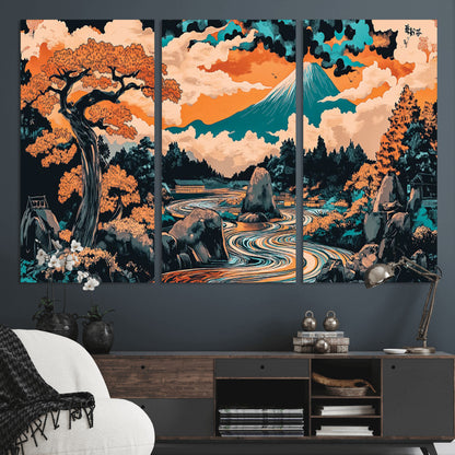 21638941-MGV-CV-36X24-Japanese Landscape Wall Art – Mount Fuji and Flowing River Ukiyo-e Style Canvas Print, Traditional Japan Inspired Artwork for