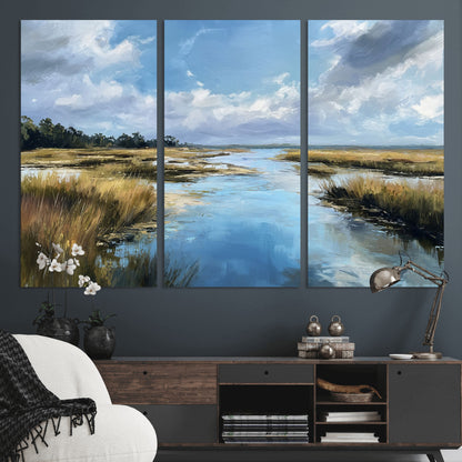 87082041-MGV-CV-36X24-Marshland Landscape Wall Art – Serene Nature Canvas Print with Blue Sky and Reflections, Tranquil Scenic Painting for Living Room,