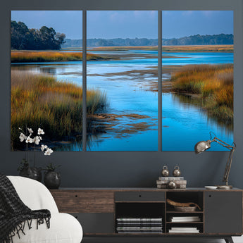 26300004-MGV-CV-36X24-Tranquil Marshland Canvas Wall Art – Blue Water, Reflective Sky, Golden Grasses, Calm Nature Landscape, Scenic Outdoor Beauty for