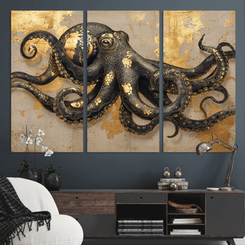 57944271-MGV-CV-36X24-Octopus Wall Art – Black and Gold Nautical Canvas Print, Modern Ocean Inspired Artwork with Elegant Detailing, Coastal Marine