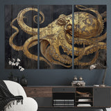 47056538-MGV-CV-36X24-Octopus Canvas Wall Art – Gold Detail, Wooden Texture, Marine Life, Ocean Creature Tentacles, Nautical Coastal Rustic Decor for