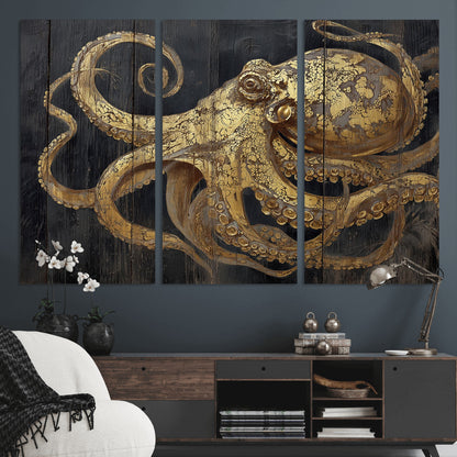 47056538-MGV-CV-36X24-Octopus Wall Art – Gold Nautical Canvas Print with Rustic Wood Texture, Marine Creature Artwork for Coastal Ocean Decoration in