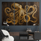 56769669-MGV-CV-36X24-Octopus Wall Art – Gold Nautical Canvas Print with Rustic Wood Panel Design, Detailed Marine Artwork for Coastal Ocean Decoration