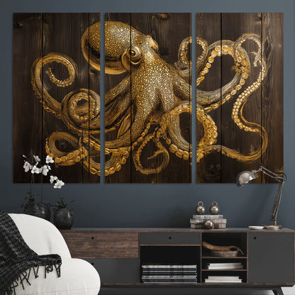 56769669-MGV-CV-36X24-Octopus Wall Art – Gold Nautical Canvas Print with Rustic Wood Panel Design, Detailed Marine Artwork for Coastal Ocean Decoration