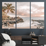 18005328-MGV-CV-36X24-Tropical Beach Canvas Wall Art – Palm Tree, Rocky Shoreline, Ocean Waves, Sunset Clouds, Calm Sea, Island Nature Relaxation for