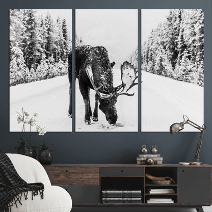 38956835-MGV-CV-36X24-Moose Winter Snowy Forest Canvas Wall Art – Wildlife Nature, Antlers in Frozen Landscape, Quiet Path, Cold Season Outdoors Print