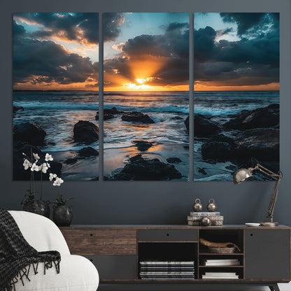 66040852-MGV-CV-36X24-Ocean Sunset Canvas Wall Art – Rocky Shore Waves, Dramatic Clouds, Golden Sun Rays, Coastal Nature, Serene Water Reflection for