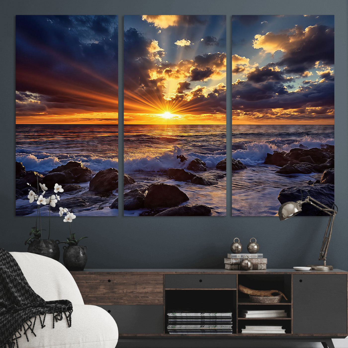 35900590-MGV-CV-36X24-Ocean Sunset Wall Art – Vivid Seascape Canvas Print with Sunburst Sky, Crashing Waves and Rocky Shore, Dramatic Coastal