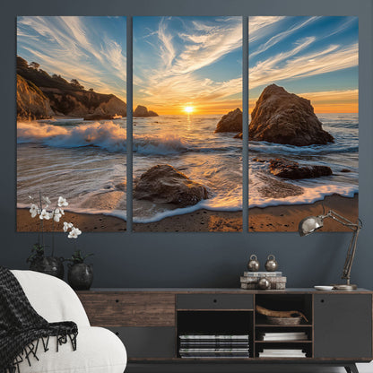 85659923-MGV-CV-36X24-Ocean Sunset Wall Art – Dramatic Seascape Canvas Print with Cliffs, Crashing Waves and Golden Sky, Bold Coastal Photography for