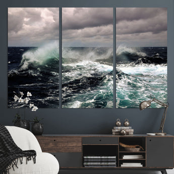 38622353-MGV-CV-36X24-Ocean Wave Wall Art – Dramatic Seascape Canvas Print with Stormy Sky and Crashing Sea, Bold Coastal Photography for Living Room,