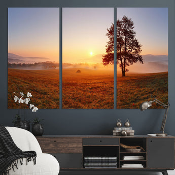 57919623-MGV-CV-36X24-Golden Sunrise Landscape Canvas Wall Art - Framed Misty Field Print, Large Nature Canvas for Living Room, Office, or Home Decor