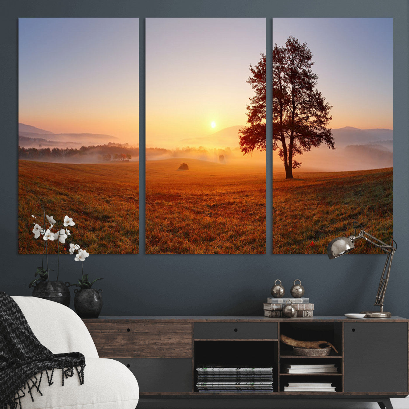 57919623-MGV-CV-36X24-Sunrise Landscape Wall Art – Golden Morning Canvas Print with Tree, Misty Hills and Open Field, Peaceful Nature Photography for