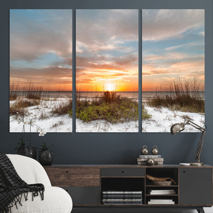 58266230-MGV-CV-36X24-Beach Sunset Wall Art – Coastal Canvas Print with Sandy Dunes, Sea Grass and Golden Sky, Serene Ocean Landscape Photography for