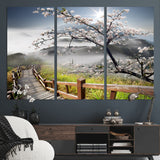 34632598CRY-MGV-CV-36X24-Cherry Blossom Wall Art – Scenic Asian Landscape Canvas Print with Wooden Walkway, Misty Mountains and Sunrise, Serene Nature