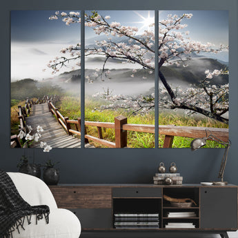 34632598CRY-MGV-CV-36X24-Cherry Blossom Wall Art – Scenic Asian Landscape Canvas Print with Wooden Walkway, Misty Mountains and Sunrise, Serene Nature