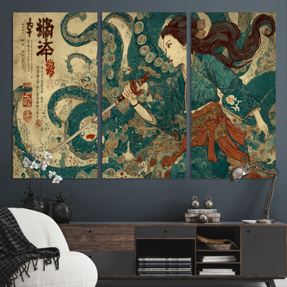 46837670-MGV-CV-36X24-Tsukioka Yoshitoshi Samurai Wall Art Print, Japanese Katana Warrior Canvas Wall Art, Octopus Sea Monster Canvas Print,