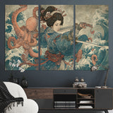 52037775-MGV-CV-36X24-Tsukioka Yoshitoshi Samurai Wall Art Print, Japanese Katana Warrior Canvas Wall Art, Octopus Sea Monster Canvas Print,