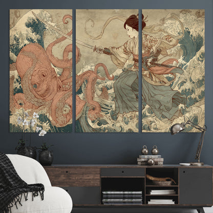54879547-MGV-CV-36X24-Tsukioka Yoshitoshi Samurai Wall Art Print, Japanese Katana Warrior Canvas Wall Art, Octopus Sea Monster Canvas Print,