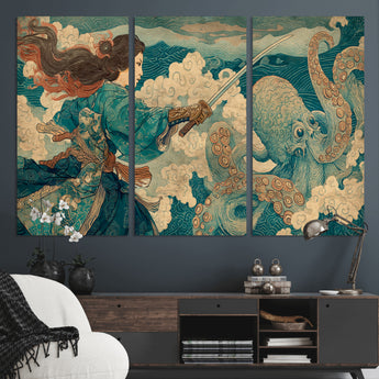 37943964-MGV-CV-36X24-Samurai Warrior vs Octopus Wall Art – Japanese Ukiyo-e Style Canvas Print, Ocean Battle Scene Artwork for Living Room, Office, Man