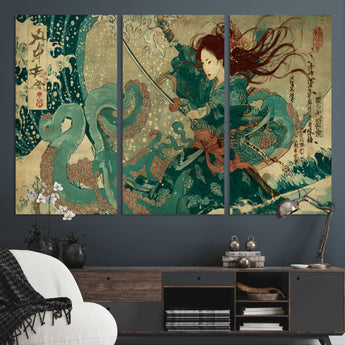 86918027-MGV-CV-36X24-Tsukioka Yoshitoshi Samurai Wall Art Print, Japanese Katana Warrior Canvas Wall Art, Octopus Sea Monster Canvas Print,