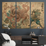 63782167-MGV-CV-36X24-Tsukioka Yoshitoshi Samurai Wall Art Print, Japanese Katana Warrior Canvas Wall Art, Octopus Sea Monster Canvas Print,