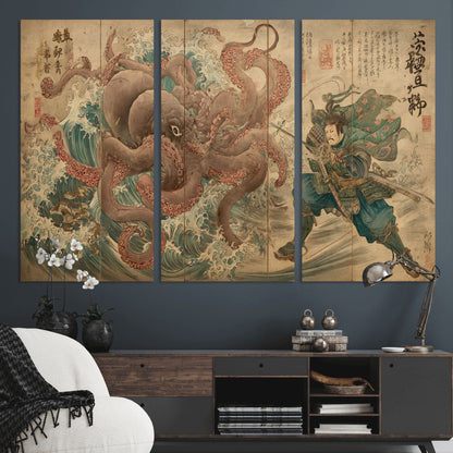 63782167-MGV-CV-36X24-Tsukioka Yoshitoshi Samurai Wall Art Print, Japanese Katana Warrior Canvas Wall Art, Octopus Sea Monster Canvas Print,