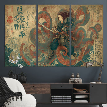 98593115-MGV-CV-36X24-Samurai Warrior vs Octopus Wall Art – Japanese Ukiyo-e Calligraphy Canvas Print, Ocean Battle Scene Artwork for Living Room,
