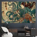 18575670-MGV-CV-36X24-Samurai Woman vs Octopus Wall Art – Japanese Ukiyo-e Ocean Battle Canvas Print, Traditional Warrior Artwork for Living Room,