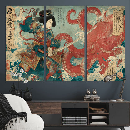 68844327-MGV-CV-36X24-Tsukioka Yoshitoshi Samurai Wall Art Print, Japanese Katana Warrior Canvas Wall Art, Octopus Sea Monster Canvas Print,